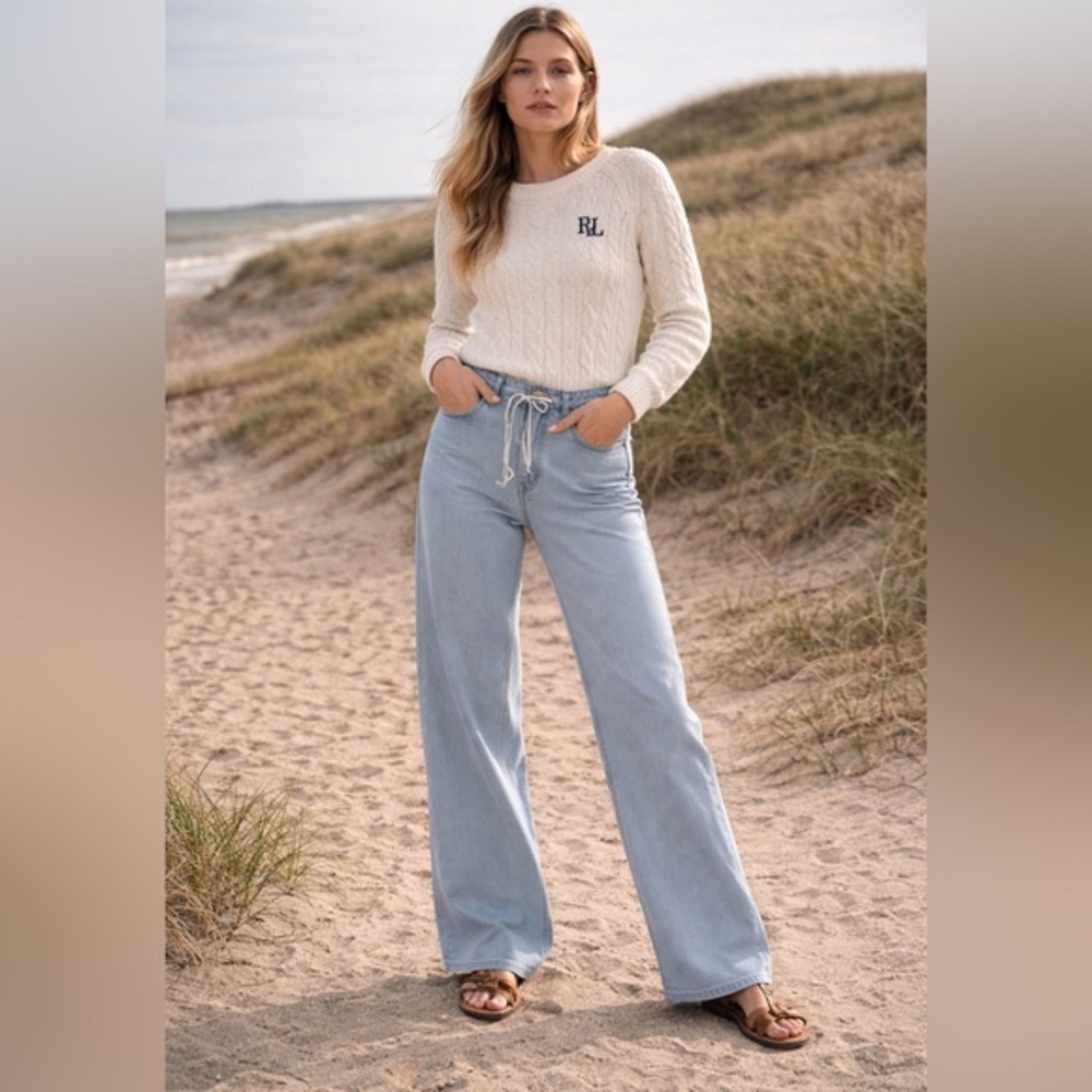 Flamingals light wash stretchy drawstring wide leg jeans size M FL5-212